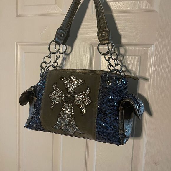 Stylish Blue &Silver Rhinestones cross embroidery & sequins metallic gray Bag - Picture 2 of 16